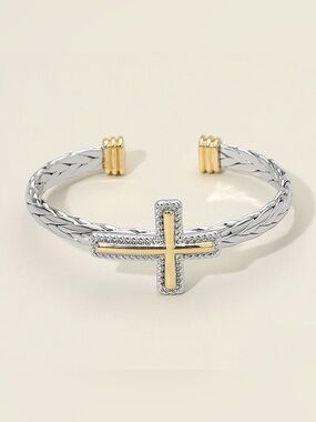 14K Gold Plated CZ Stone Paved Circular Centerpiece Dual Chain Magnetic Bracelet